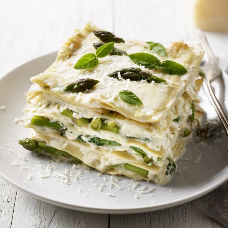 A close-up slice of Spring Veggie Alfredo Lasagna showing tender zucchini, spinach, and ricotta between delicate no-boil pasta noodles.