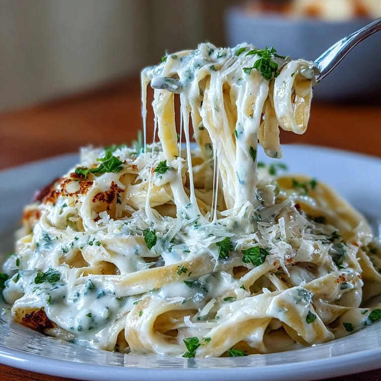 A flavorful portion of tender fettuccine coated in luscious cauliflower alfredo sauce.