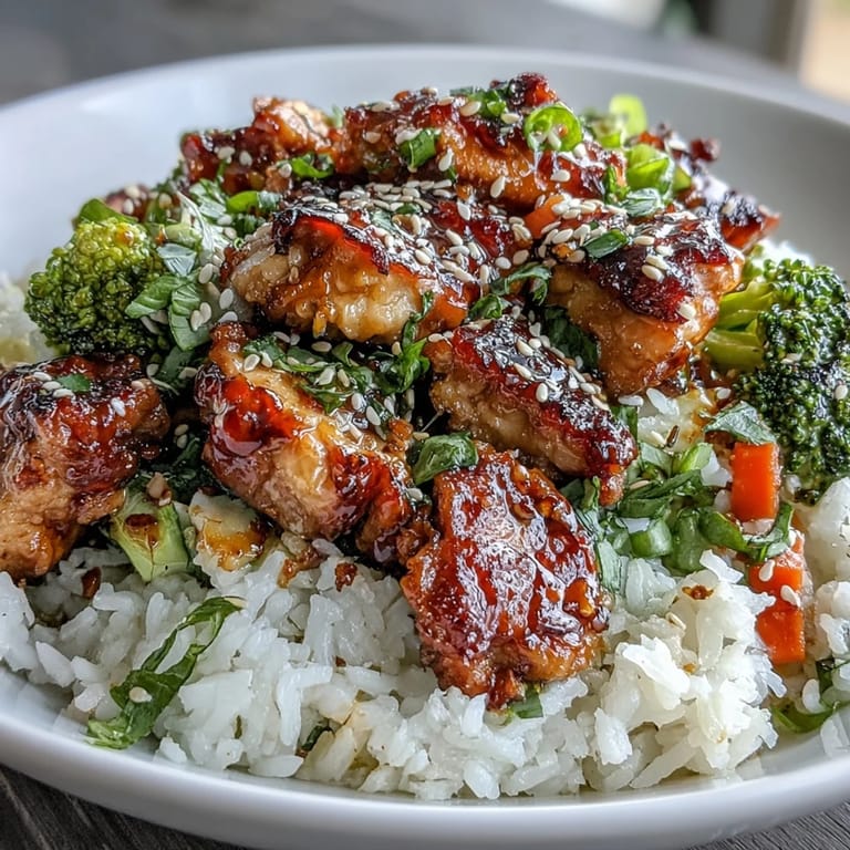 Close up of a steaming one pan honey garlic chicken broccoli rice dish.