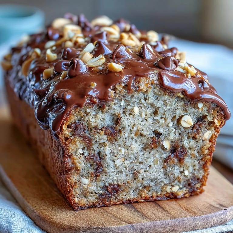A whole loaf of Chocolate Chip Peanut Butter Oatmeal Banana Bread rests on a wooden board, packed with oats and chopped peanuts.