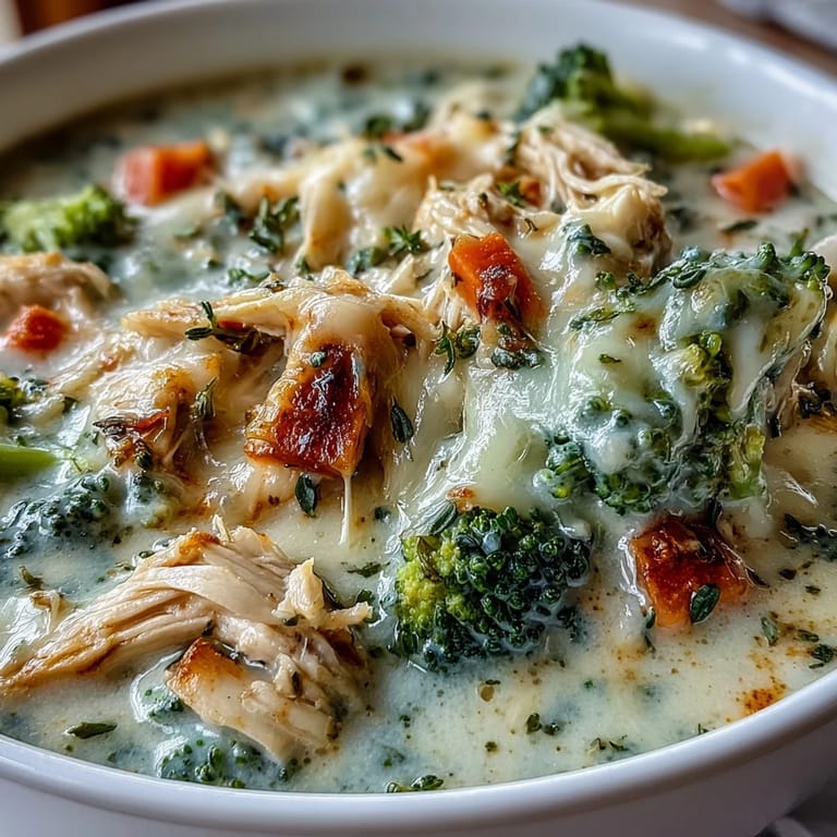 Gooey Chicken Broccoli Cheddar Soup, perfect for a comforting, cheesy lunch.