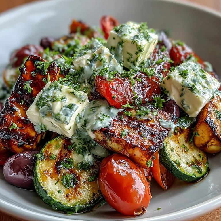 Colorful platter of Roasted Greek Salad featuring caramelized veggies, Kalamata olives, and fresh parsley with a lemon-oregano dressing.