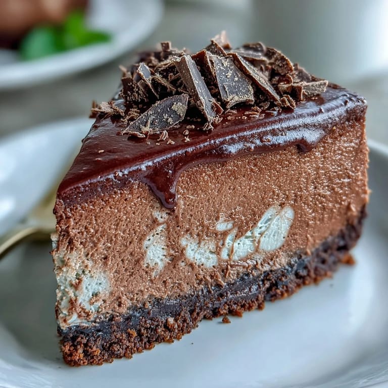 Chocolate cheesecake, protein-packed, creamy cottage cheese delight, perfect for dessert.