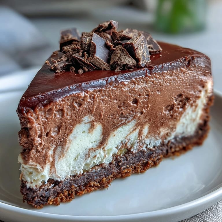 Guilt-free Lighter Chocolate Cottage Cheese Cheesecake, luscious and satisfying slice.