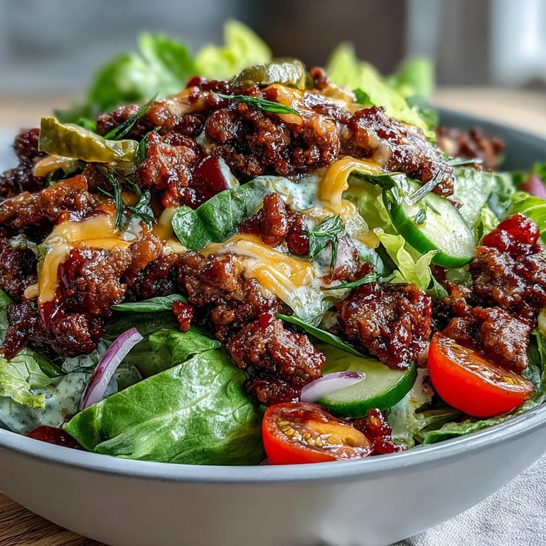 Ready to serve Easy Big Mac in a Bowl features crisp romaine, diced pickles, and a generous drizzle of tangy, homemade dressing.