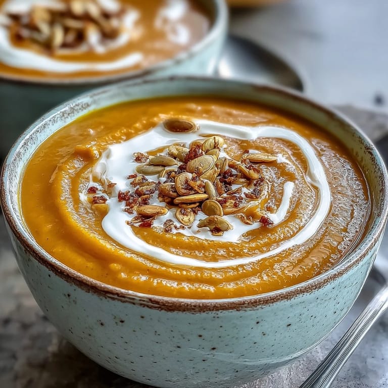 Close-up of golden roasted butternut squash soup topped with cream swirl and crunchy seeds.