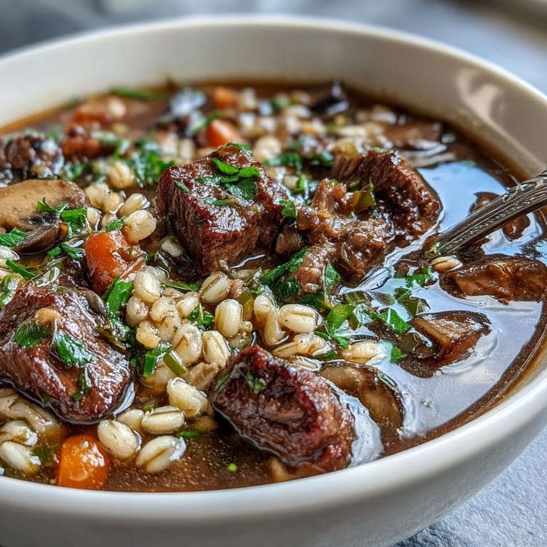Beef and Barley Soup simmered with carrots and served with rustic bread.