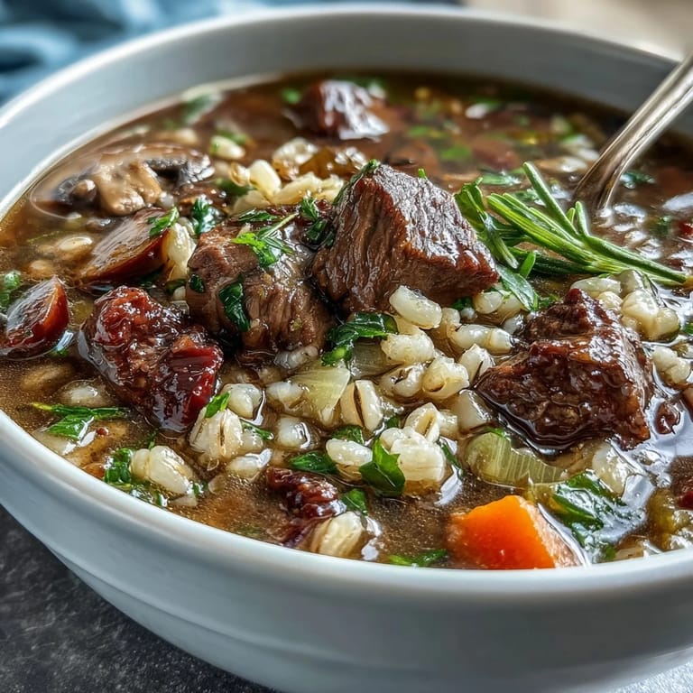 A hearty Beef and Barley Soup garnished with fresh parsley and thyme.