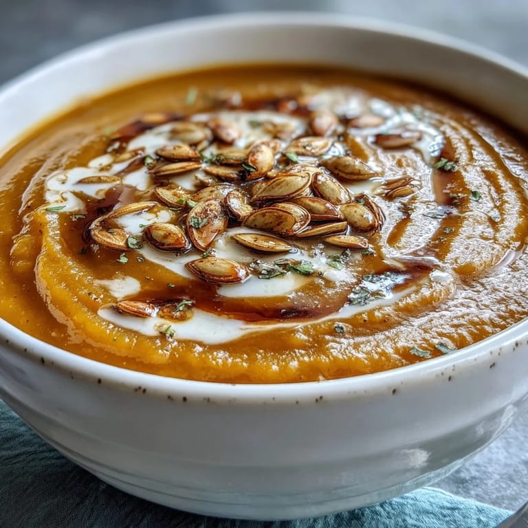 Velvety Butternut Squash Soup poured from a Dutch oven, featuring roasted squash and a hint of warm cinnamon.