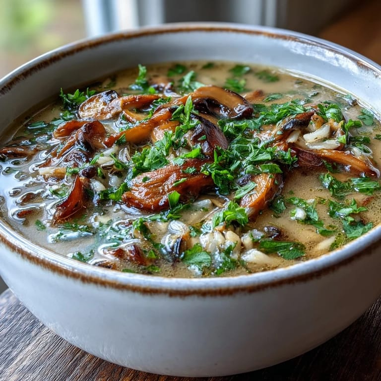 Homemade Wild Rice Mushroom Soup with visible mushrooms and wild rice in a ladle.