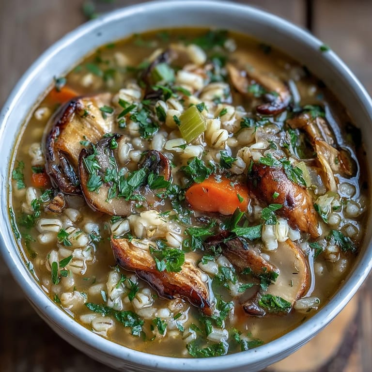 Hearty Mushroom Barley Soup served in a white bowl with a slice of rye bread.