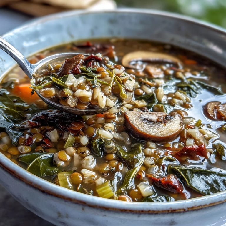 Rustic ladle serving Double Lentil and Mushroom Barley Soup into a white bowl, highlighting the earthy mushrooms and vibrant green collard garnish.