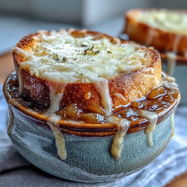 A close-up of Classic French Onion Soup with bubbly golden cheese pulling away from the toasted bread topping.