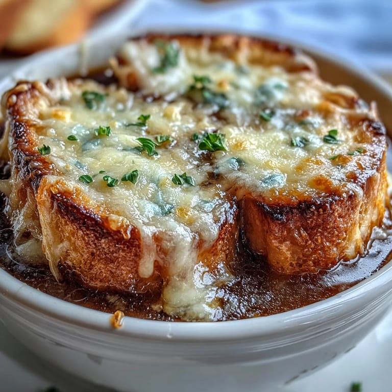 Fresh thyme garnishes this savory French Onion Soup in an oven-safe crock, served with a crisp salad.