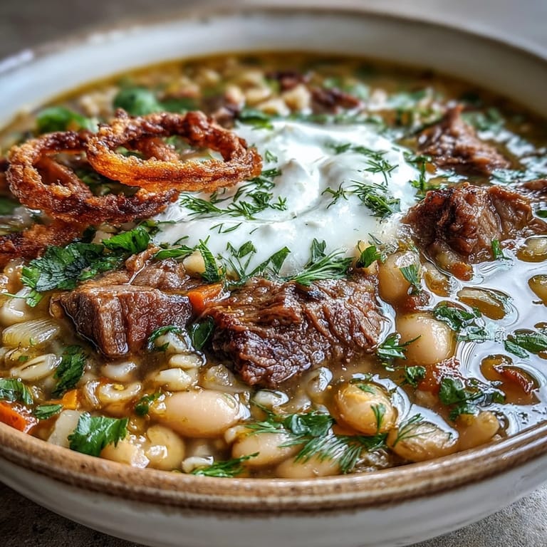 Bowl of Beef Barley Soup swirled with tangy sour cream, steaming with tender beef, barley, lentils, and fragrant mint-onion garnish.