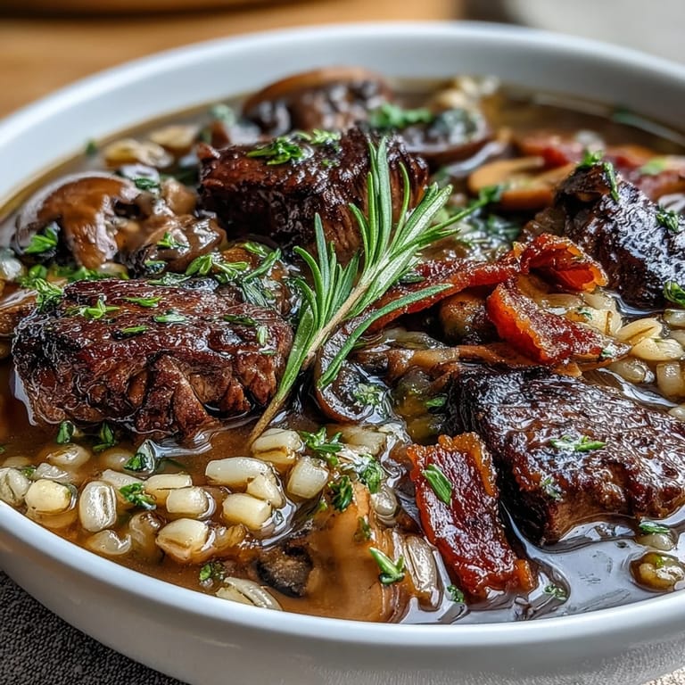 Bubbling pot of Beef and Barley Soup with Mushrooms releases fragrant steam as pancetta, carrots, and pearl barley mingle in a hearty, rustic broth.