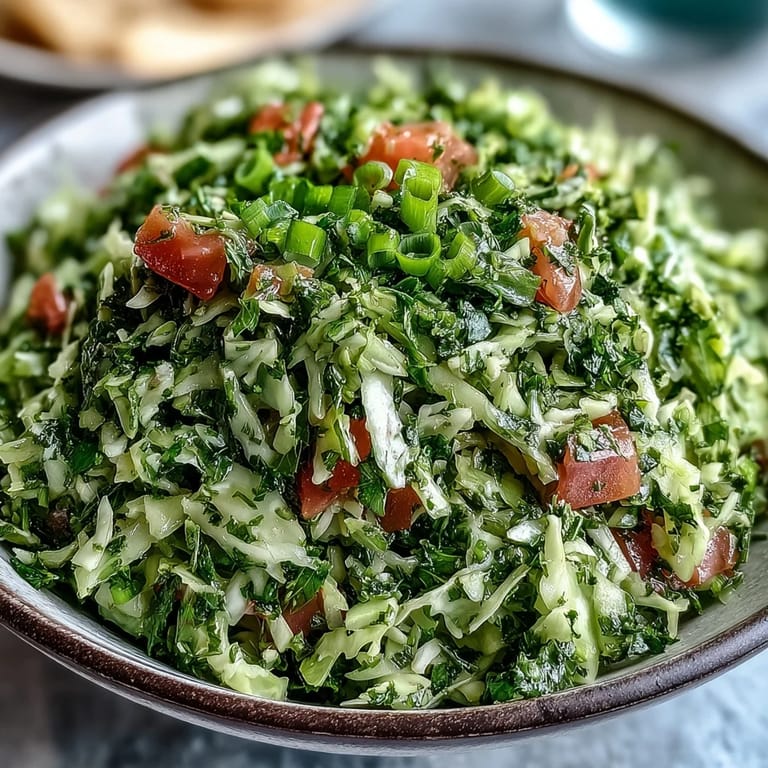 A vibrant bowl of Lebanese Cabbage Salad, tossed with fresh herbs and dressed in tangy lemon vinaigrette, ready to serve as a refreshing vegan side dish.