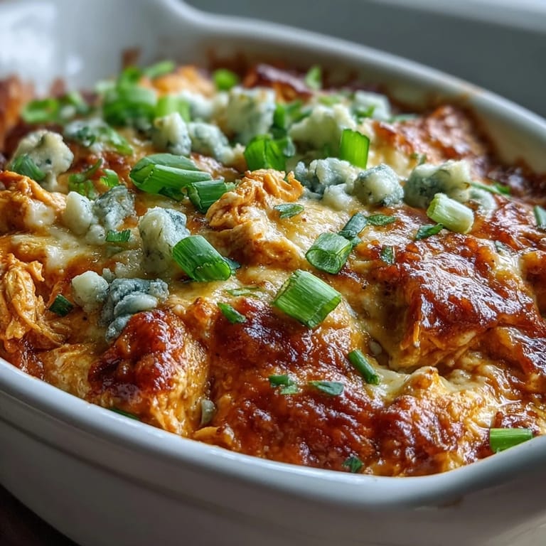 Golden baked Buffalo Chicken Dip scooped onto a sturdy tortilla chip, ready for game day snacking.