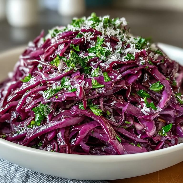 Vibrant Red Cabbage Coleslaw With Apple and Parmesan tossed in a tangy vinaigrette on a rustic table.