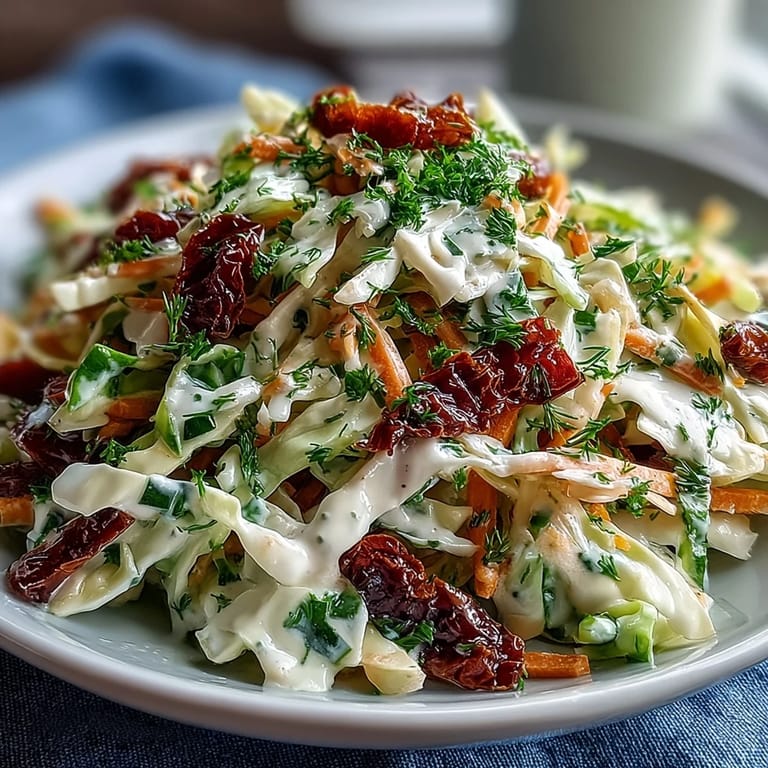 Freshly tossed Cabbage Salad With Sundried Tomatoes, showing colorful ribbons of cabbage, julienned carrots, and bright red bell peppers, all coated in a glossy herby dressing.