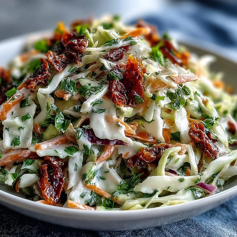 Overhead view of a serving of Cabbage Salad With Sundried Tomatoes, highlighting the crunchy vegetables, deep red tomato slices, and chopped parsley and chives for a refreshing side dish.