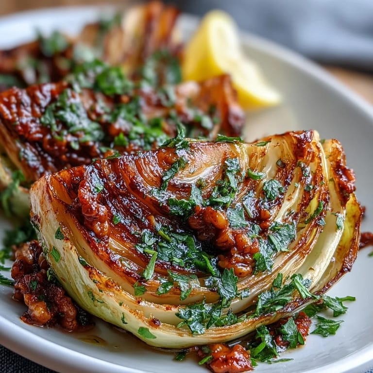 Warm, hearty Baked Cabbage Salad With Winter Romesco plated with lemon wedges for serving.
