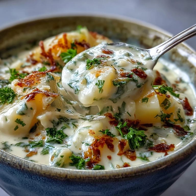 Ladle of Creamy Potato Soup with Cabbage over a backdrop of diced vegetables and spices, ideal for cozy evening meals.