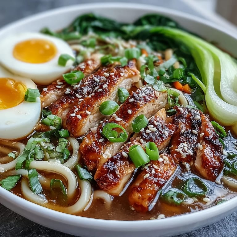 Healthy Miso Chicken Noodle Bowls in deep bowls with bok choy, shiitake mushrooms, and a drizzle of chili oil for heat.