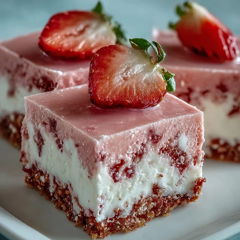 Fudgy No-Bake Strawberry Fudge Squares stacked high, showing the smooth texture and sweet strawberry pieces inside.