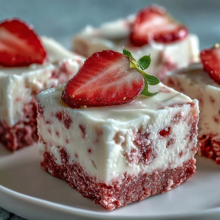 Vibrant No-Bake Strawberry Fudge Squares on a white plate with a powdered sugar finish, perfect for a summer dessert party.  