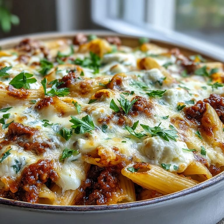 Forkful of Cottage Cheese Protein Pasta Bake with Ground Beef shows tender pasta, rich tomato beef sauce, and melted mozzarella.