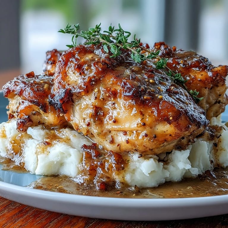 Juicy Slow Cooker Honey Mustard Chicken breasts coated in a savory garlic sauce, garnished with fresh thyme for a vibrant finish.