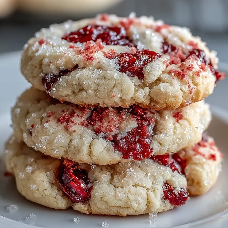 Sparkly sugar-coated Soft Chewy Raspberry Sugar Cookies are plated beside fresh raspberries and a glass of milk.