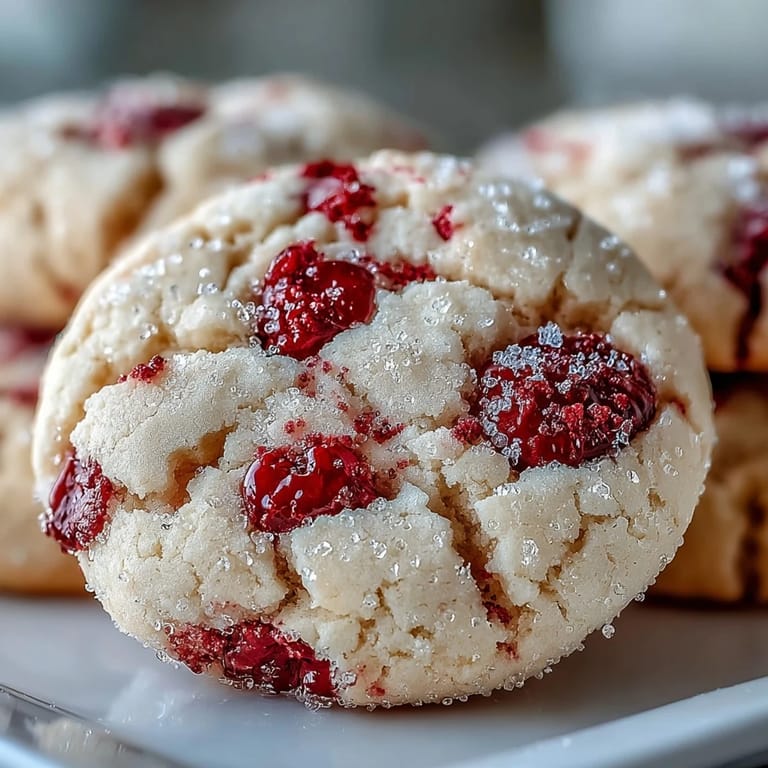 Home baker rolling Soft Chewy Raspberry Sugar Cookies dough balls in raspberry-sugar mixture on a parchment-lined baking sheet.