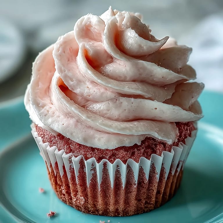 Close-up of a Pink Velvet Cupcake with Vanilla Buttercream Frosting, topped with pink sprinkles, ready to be served at a birthday party.