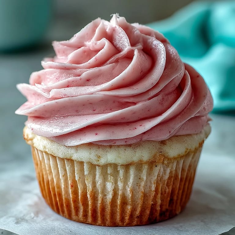 A Pink Velvet Cupcake with Vanilla Buttercream Frosting resting on a rustic wooden board, highlighting its soft texture and sweet vanilla aroma.