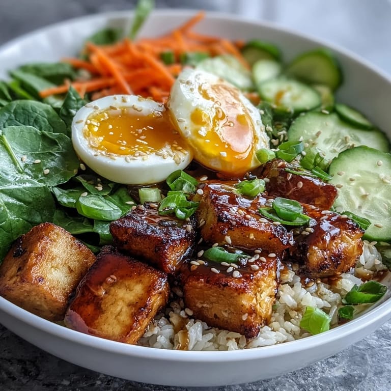 Ready-to-eat Asian-inspired vegetarian breakfast bowl featuring fluffy rice, sautéed tofu, soft-boiled eggs, and crisp veggies topped with sesame seeds.