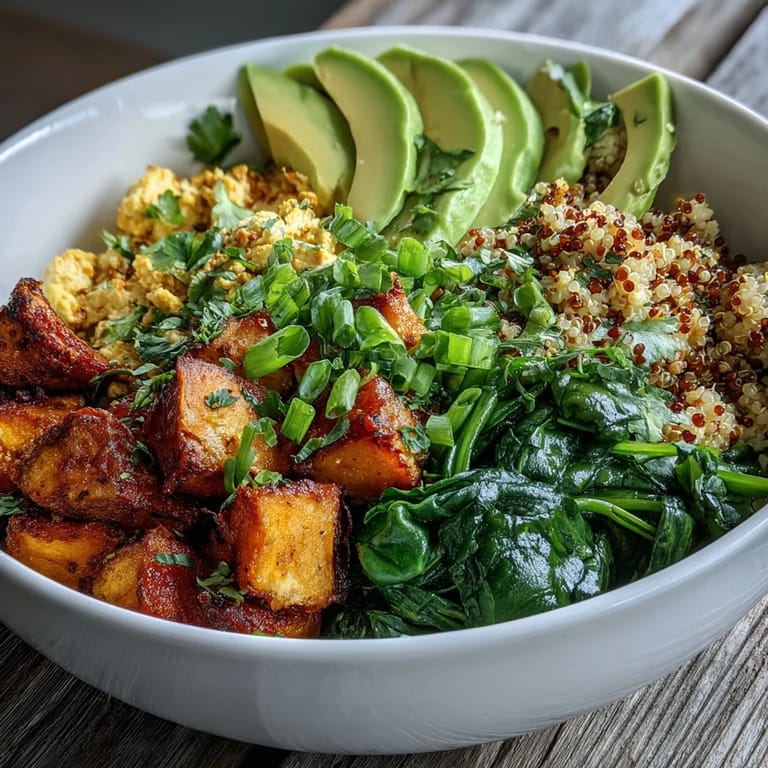 Overhead view of a healthy Tofu Scramble Vegan Breakfast Bowl with colorful quinoa, sweet potatoes, tofu, and avocado, ready for a nutritious morning meal.