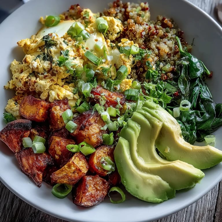 Golden, savory Tofu Scramble Vegan Breakfast Bowl topped with sautéed spinach, sliced green onions, and fresh cilantro, served in a rustic ceramic bowl.
