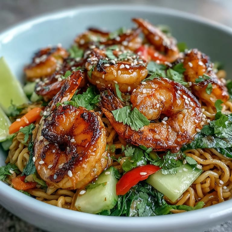Colorful 15-Minute Asian Noodle Bowl featuring succulent shrimp, red bell peppers, and a zesty drizzle on wheat noodles.