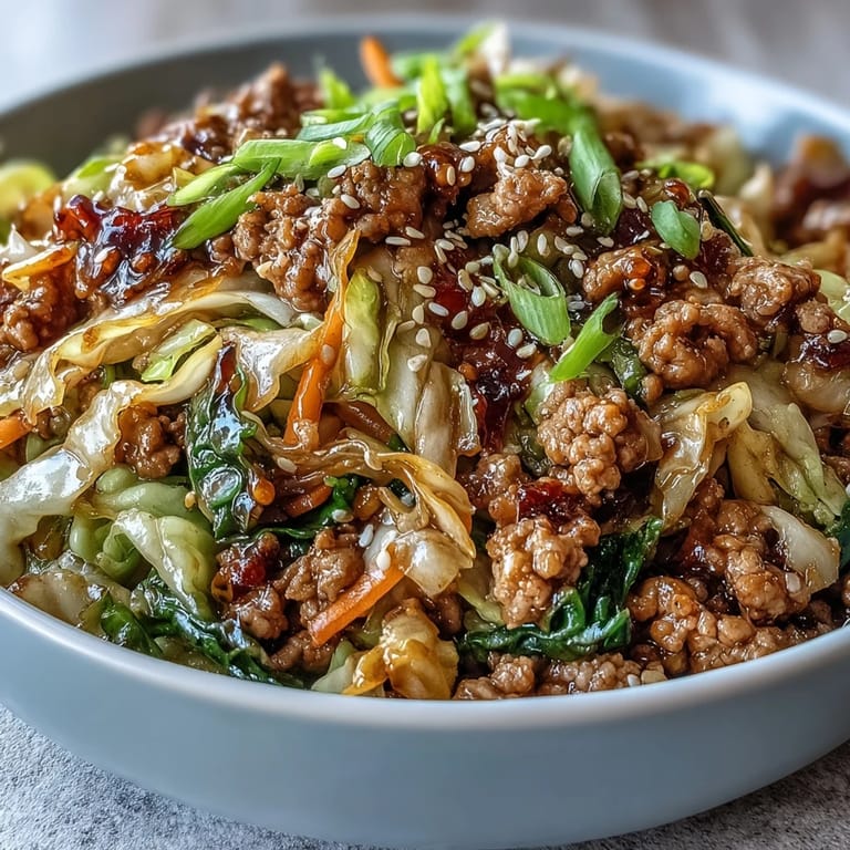 Easy weeknight Egg Roll in a Bowl served over rice, garnished with chili flakes and sesame seeds.