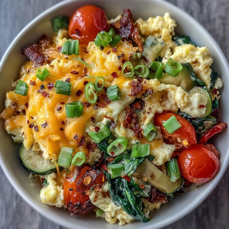 Spoon into this hearty vegetarian Scrambled Egg and Veggie Bowl for a warm, comforting breakfast.
