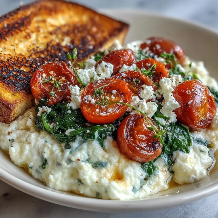 Hearty Spinach and Feta Breakfast Bowl with golden scrambled eggs, wilted greens, and a slice of toasted whole grain bread on the side.