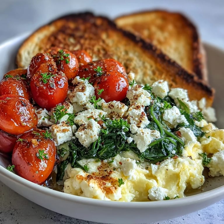 Vibrant Spinach and Feta Breakfast Bowl featuring juicy tomatoes, crumbled feta, and fluffy eggs, ready to enjoy for a healthy vegetarian start.