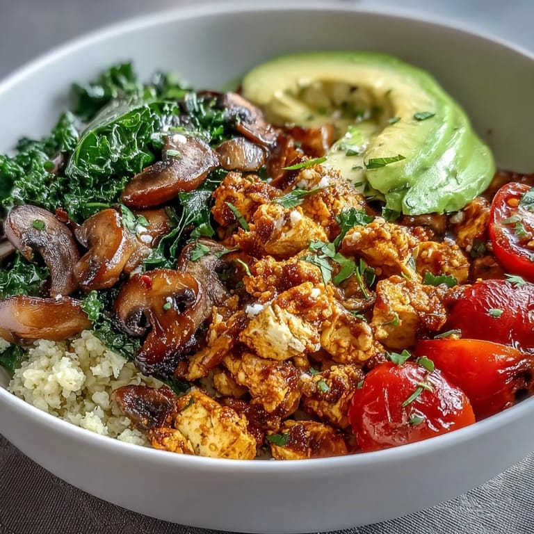 Close-up of a hearty scrambled tofu breakfast bowl with avocado slices and lemon wedges.