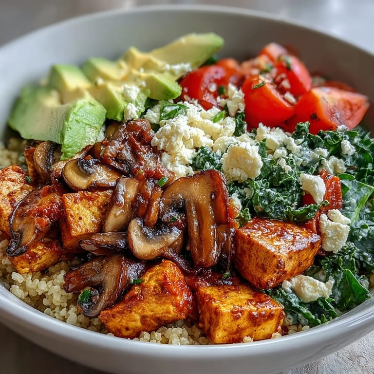 Colorful vegan breakfast bowl featuring golden scrambled tofu, garlicky mushrooms, and fresh parsley garnish.