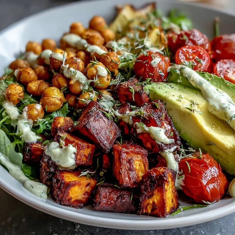 Vibrant mixed greens and fresh veggies in a hearty Breakfast Buddha Bowl, featuring golden roasted chickpeas and sweet potatoes.