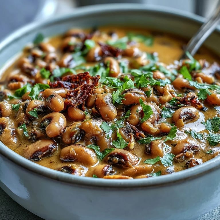A hearty bowl of Black-Eyed Pea Curry topped with fresh cilantro and lime wedges, highlighting a protein-rich, cozy vegan dinner.