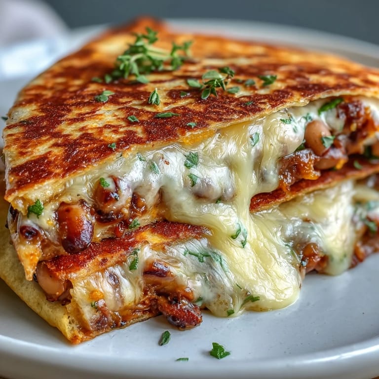 Mashed black-eyed pea filling peeking out from a crispy, cheese-stuffed Black-Eyed Pea Quesadilla.