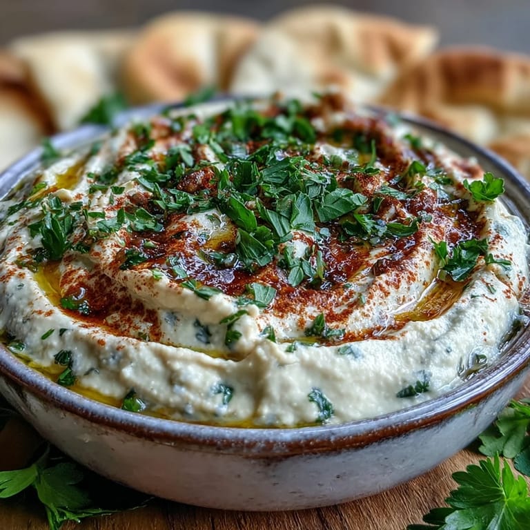 A bowl of smooth black-eyed pea hummus garnished with olive oil and parsley alongside crunchy vegetable crudités.